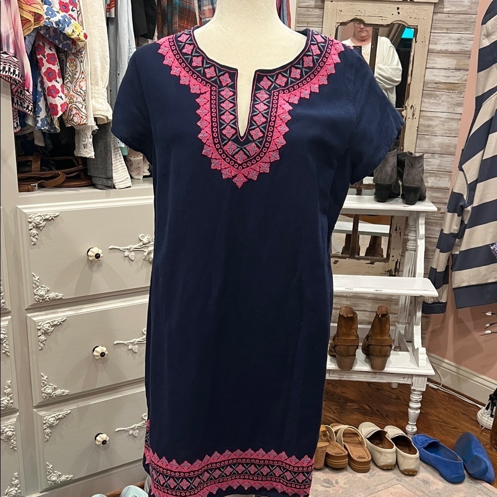 Vineyard Vines Navy and Pink Embroidered Midi Linen Dress, EUC, 12